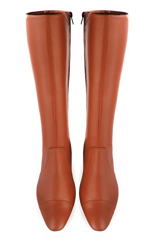 Terracotta orange women's feminine knee-high boots. Round toe. Medium block heels. Made to measure. Top view - Florence KOOIJMAN